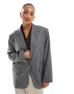 Bershka Ultra Oversized Blazer In Grey Stripe For Women