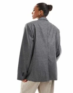 Bershka Ultra Oversized Blazer In Grey Stripe For Women -Chic Maze Sales 208056705 4