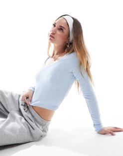 Bershka V-neck Long Sleeve Tee In Baby Blue For Women -Chic Maze Sales 208056723 1 blue 1