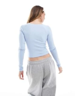 Bershka V-neck Long Sleeve Tee In Baby Blue For Women -Chic Maze Sales 208056723 3