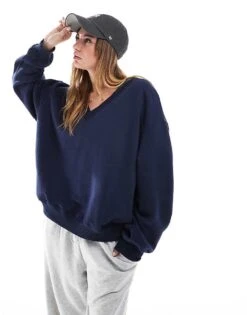 Bershka V Neck Sweatshirt In Navy For Women Blue -Chic Maze Sales 208056737 1 blue 1