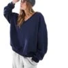 Bershka V Neck Sweatshirt In Navy For Women Blue -Chic Maze Sales 208056737 1 blue
