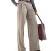 Bershka Low Rise Wide Leg Tailored Trousers In Taupe For Women Neutral -Chic Maze Sales 208056764 1 neutral
