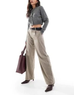 Bershka Low Rise Wide Leg Tailored Trousers In Taupe For Women Neutral -Chic Maze Sales 208056764 2