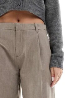 Bershka Low Rise Wide Leg Tailored Trousers In Taupe For Women Neutral -Chic Maze Sales 208056764 3