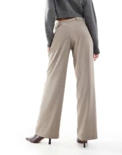 Bershka Low Rise Wide Leg Tailored Trousers In Taupe For Women Neutral -Chic Maze Sales 208056764 4