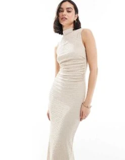 Bershka Textured High Neck Maxi Dress In Sand For Women Neutral -Chic Maze Sales 208056773 1 neutral 1