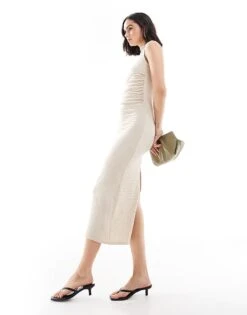 Bershka Textured High Neck Maxi Dress In Sand For Women Neutral -Chic Maze Sales 208056773 2