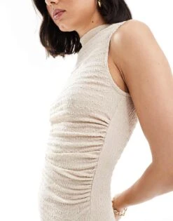 Bershka Textured High Neck Maxi Dress In Sand For Women Neutral -Chic Maze Sales 208056773 3