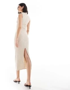 Bershka Textured High Neck Maxi Dress In Sand For Women Neutral -Chic Maze Sales 208056773 4