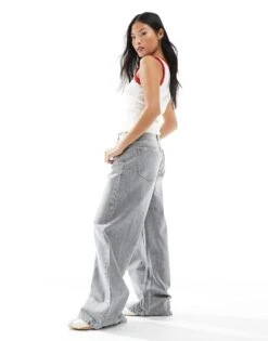 Bershka Petite High Waisted Wide Leg Jeans In Grey For Women -Chic Maze Sales 208056806 3