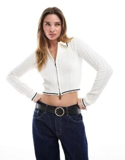 Bershka Cable Knitted Polo Top In Ecru For Women -Chic Maze Sales 208056830 1 ecru 1