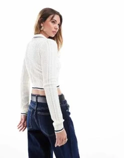 Bershka Cable Knitted Polo Top In Ecru For Women -Chic Maze Sales 208056830 2