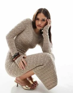 Bershka Open Knit Bardot Maxi Dress In Tan For Women -Chic Maze Sales 208056883 1 tan 1