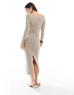 Bershka Open Knit Bardot Maxi Dress In Tan For Women -Chic Maze Sales 208056883 3