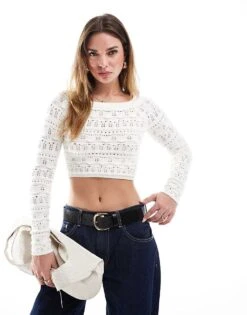 Bershka Slouchy Cable Knit Bardot Top In Ecru For Women -Chic Maze Sales 208056896 4