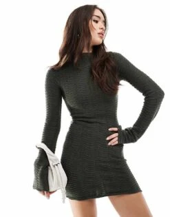 Bershka High Neck Knitted Mini Dress In Khaki For Women -Chic Maze Sales 208058952 1 khaki 1