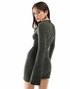 Bershka High Neck Knitted Mini Dress In Khaki For Women -Chic Maze Sales 208058952 4