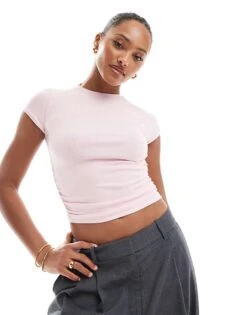 Bershka Ruched Side Baby Tee In Pale Pink For Women