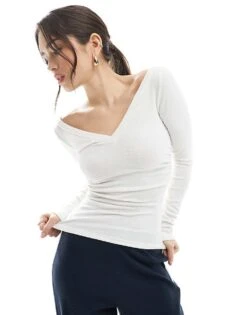 Bershka Soft Touch V-neck Tshirt In White For Women -Chic Maze Sales 208142216 1 white 1