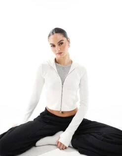 Bershka Soft Touch Zip-up Hoodie In White For Women -Chic Maze Sales 208142228 1 white 1