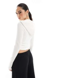 Bershka Soft Touch Zip-up Hoodie In White For Women -Chic Maze Sales 208142228 3