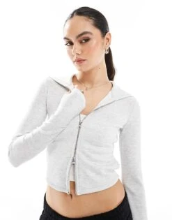 Bershka Soft Touch Zip-up Hoodie In Light Grey For Women -Chic Maze Sales 208142240 1 grey 1