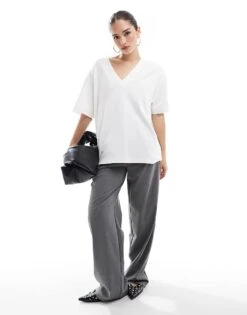 Bershka Oversized V-neck Tshirt In White For Women -Chic Maze Sales 208142258 2