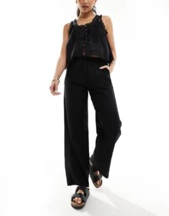 Bershka Tie Waist Wide Leg Linen Trousers In Black For Women