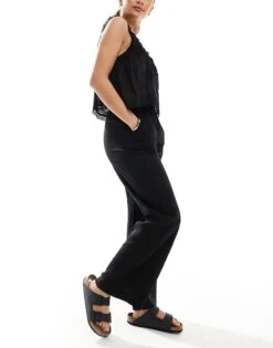Bershka Tie Waist Wide Leg Linen Trousers In Black For Women -Chic Maze Sales 208146424 3