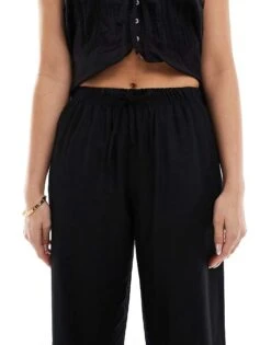 Bershka Tie Waist Wide Leg Linen Trousers In Black For Women -Chic Maze Sales 208146424 4