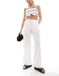 Bershka Tie Waist Wide Leg Linen Trousers In White For Women -Chic Maze Sales 208146436 1 white 1