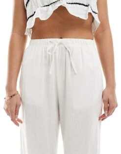 Bershka Tie Waist Wide Leg Linen Trousers In White For Women -Chic Maze Sales 208146436 4