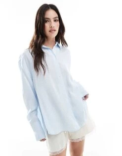 Bershka Oversized Linen Shirt In Light Blue For Women -Chic Maze Sales 208146442 1 blue 1