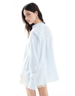 Bershka Oversized Linen Shirt In Light Blue For Women -Chic Maze Sales 208146442 3