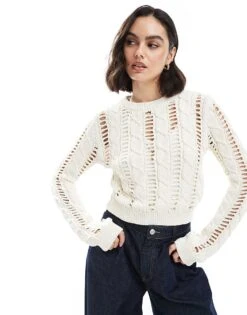 Bershka Open Knitted Top Jumper In Ecru For Women -Chic Maze Sales 208146448 1 ecru 1