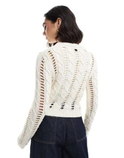 Bershka Open Knitted Top Jumper In Ecru For Women -Chic Maze Sales 208146448 4