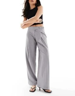 Bershka Wide Leg Tailored Trouser With Belt Detail In Light Grey For Women -Chic Maze Sales 208154678 1 grey 1