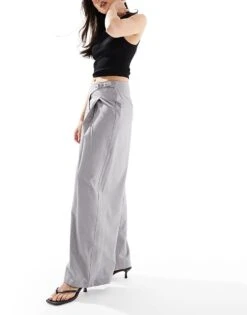 Bershka Wide Leg Tailored Trouser With Belt Detail In Light Grey For Women -Chic Maze Sales 208154678 4