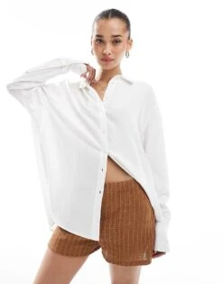 Bershka Oversized Linen Shirt In White For Women