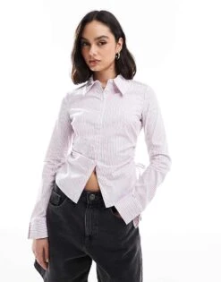 Bershka Fitted Shirt In Pink Stripe For Women -Chic Maze Sales 208154699 1 pink 1