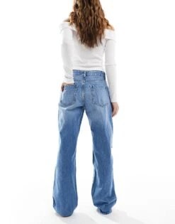 Bershka Ripped Knee Wide Leg Jeans In Mid Blue For Women -Chic Maze Sales 208154704 2