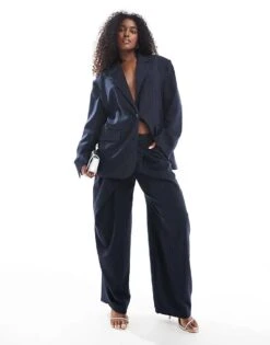 Bershka Wide Leg Tailored Trousers Co-ord In Navy Stripe For Women -Chic Maze Sales 208154712 1 navy 1