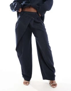 Bershka Wide Leg Tailored Trousers Co-ord In Navy Stripe For Women -Chic Maze Sales 208154712 2
