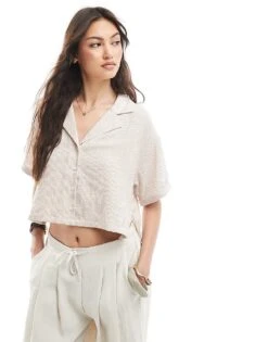 Bershka Linen Look Short Sleeve Boxy Shirt In Beige Stripe For Women -Chic Maze Sales 208154713 1 beige 1