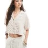 Bershka Linen Look Short Sleeve Boxy Shirt In Beige Stripe For Women -Chic Maze Sales 208154713 1 beige