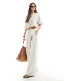 Bershka Linen Look Short Sleeve Boxy Shirt In Beige Stripe For Women -Chic Maze Sales 208154713 2