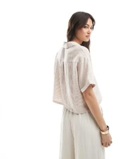 Bershka Linen Look Short Sleeve Boxy Shirt In Beige Stripe For Women -Chic Maze Sales 208154713 3