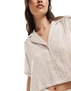 Bershka Linen Look Short Sleeve Boxy Shirt In Beige Stripe For Women -Chic Maze Sales 208154713 4