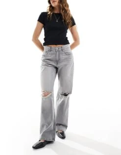 Bershka Ripped Knee Wide Leg Jeans In Light Grey For Women -Chic Maze Sales 208154714 1 grey 1